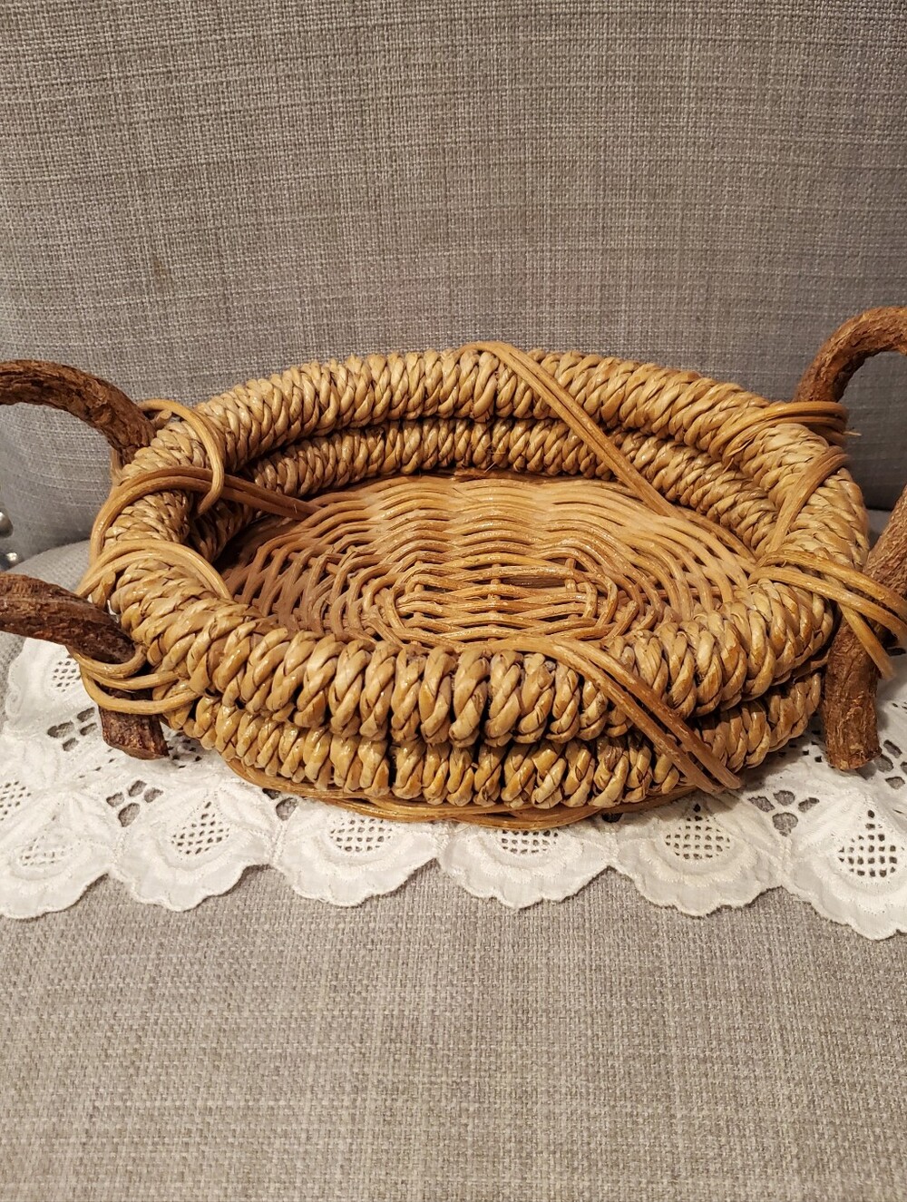 Handwoven Natural Rattan Tray, Branch Handles, 8x6.5"